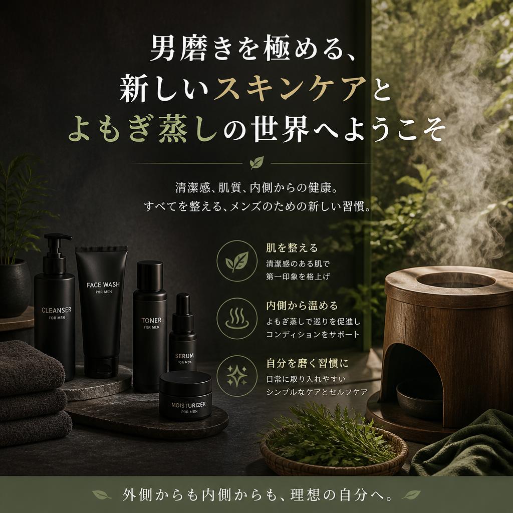 男磨きを極める、新しいスキンケアとよもぎ蒸しの世界へようこそ
